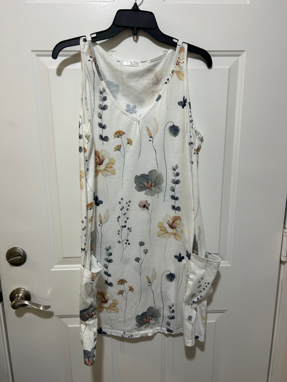 Floral V-Neck Pocket Tunic — Cream with Blue & Mustard Flowers